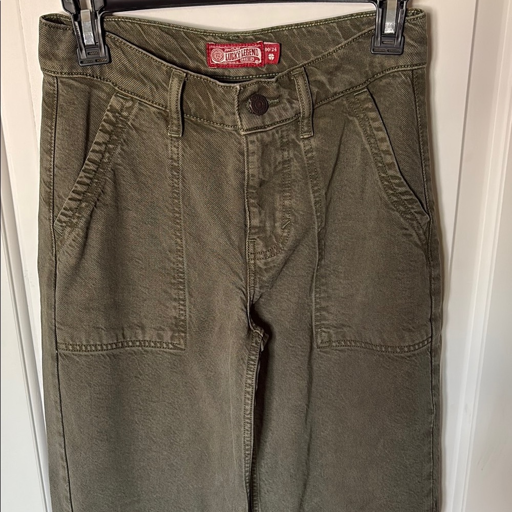 Lucky Brand Wide Leg Liquid Denim Luxe Utility Pant. Olive. Size 00/24 - Picture 5 of 14